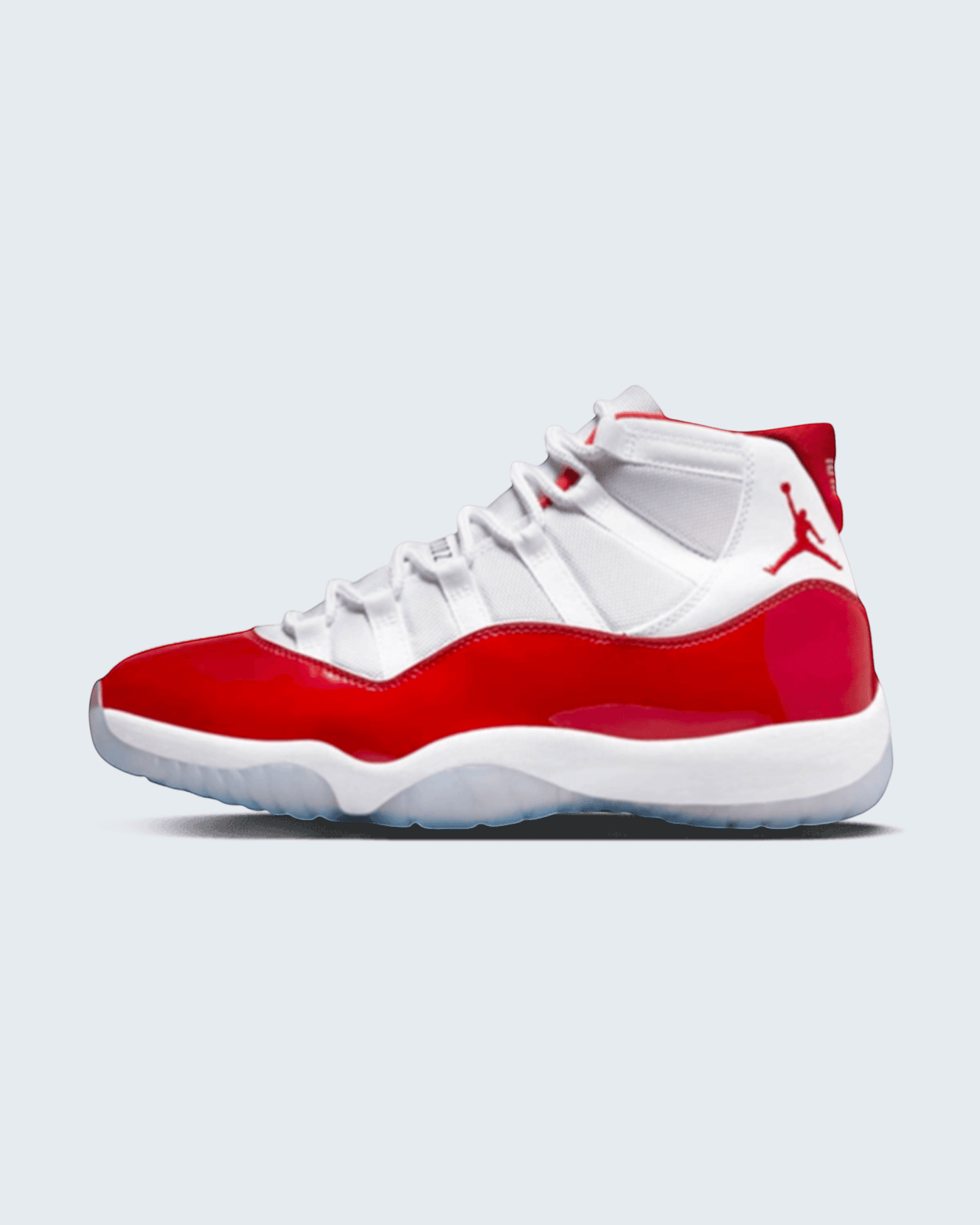 Plugmarket Air Jordan 11 Retro Cherry sneakers with white mesh uppers and red patent leather overlays.