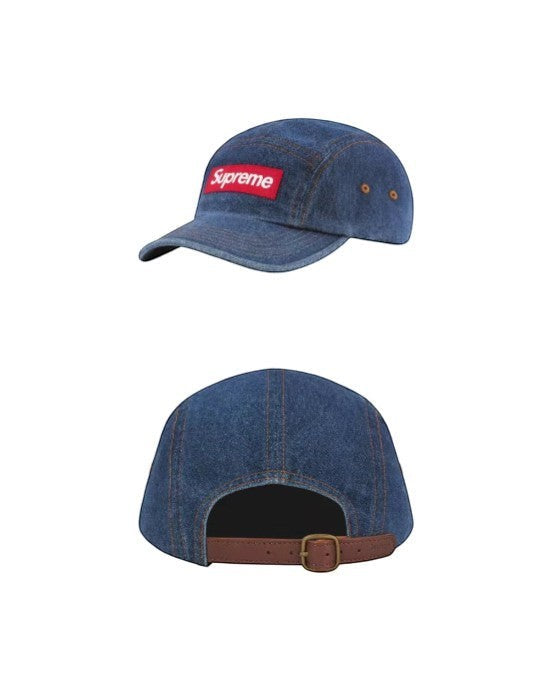 Plugmarket blue denim five-panel cap with red Supreme logo patch and brown leather strap