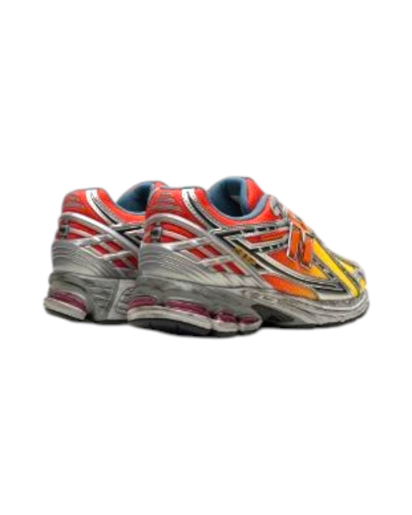 Plugmarket - New Balance 1906r sneakers in red, orange, yellow, and silver with blue accents.