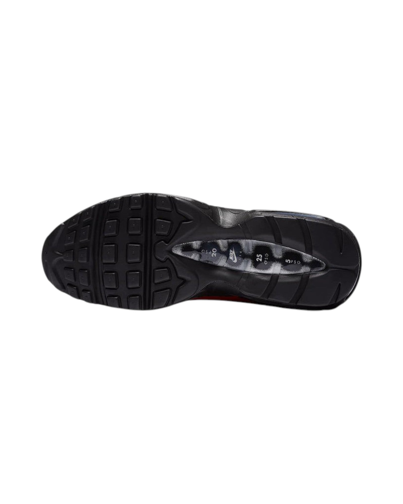 Plugmarket - Nike x Supreme Air Max 95 Lux Gym Red sneakers, black sole with red accents and visible air cushioning.