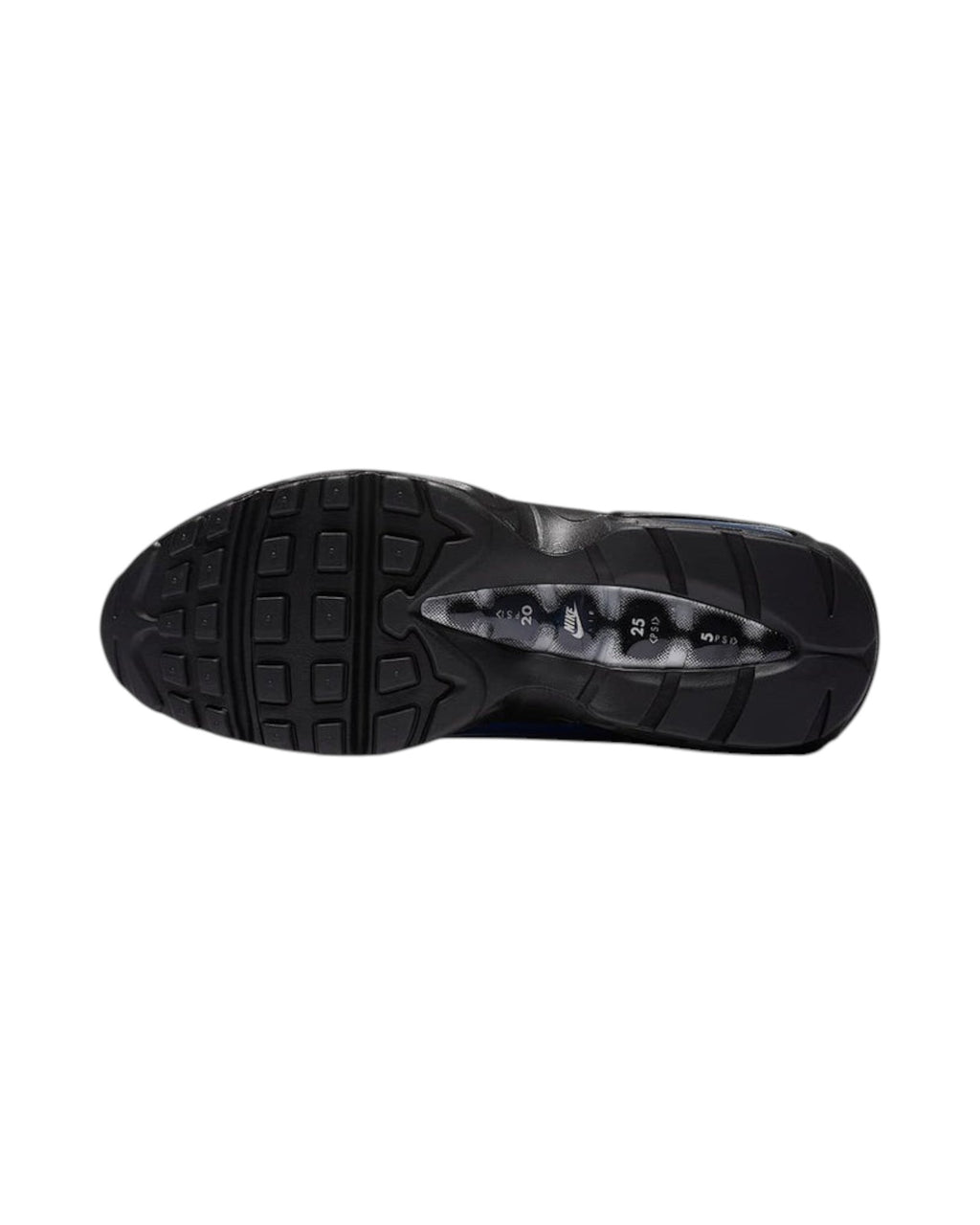 Plugmarket - Nike x Supreme Air Max 95 Lux Hyper Cobalt men's sneakers, black rubber sole with blue accents.