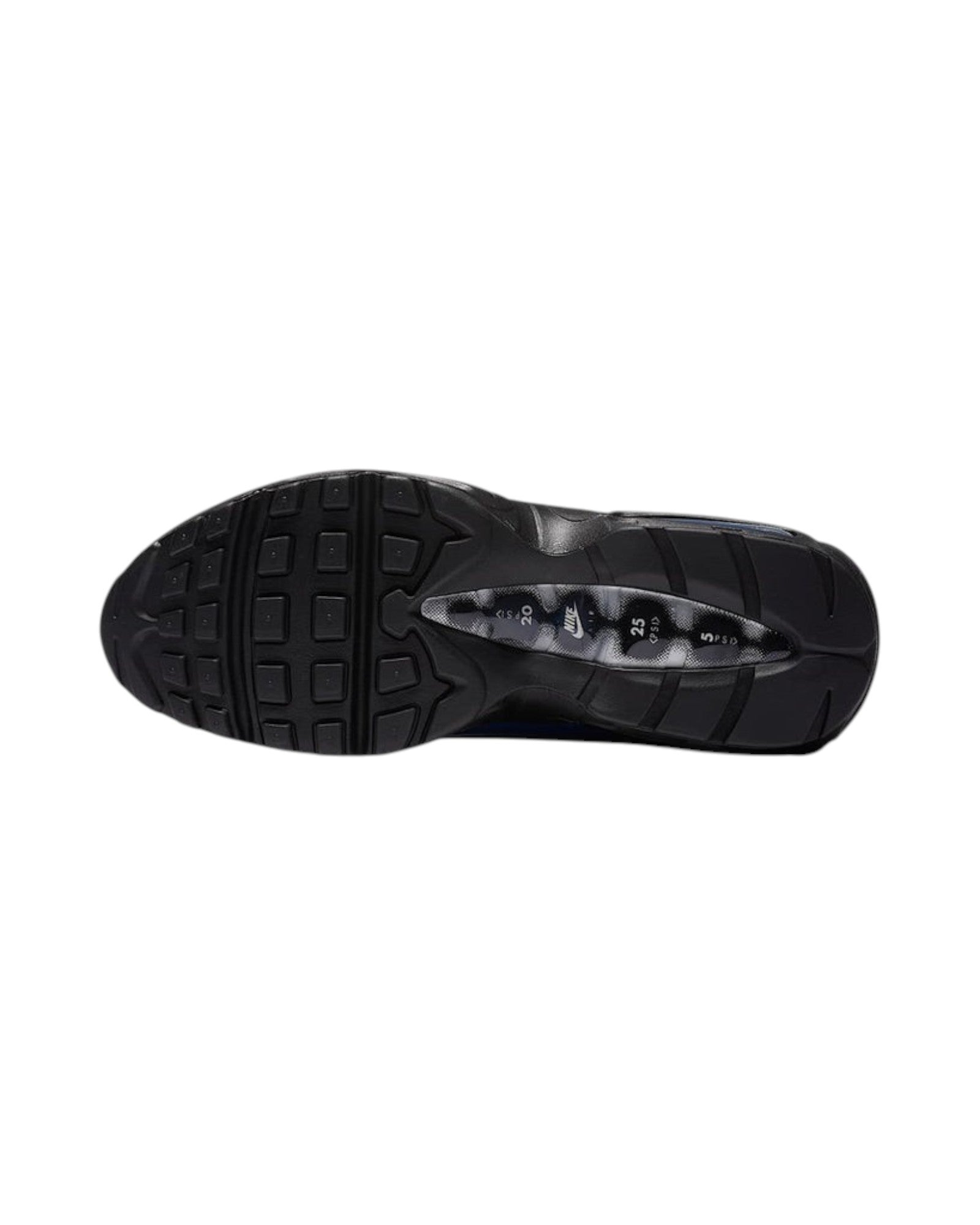 Plugmarket - Nike x Supreme Air Max 95 Lux Hyper Cobalt men's sneakers, black rubber sole with blue accents.