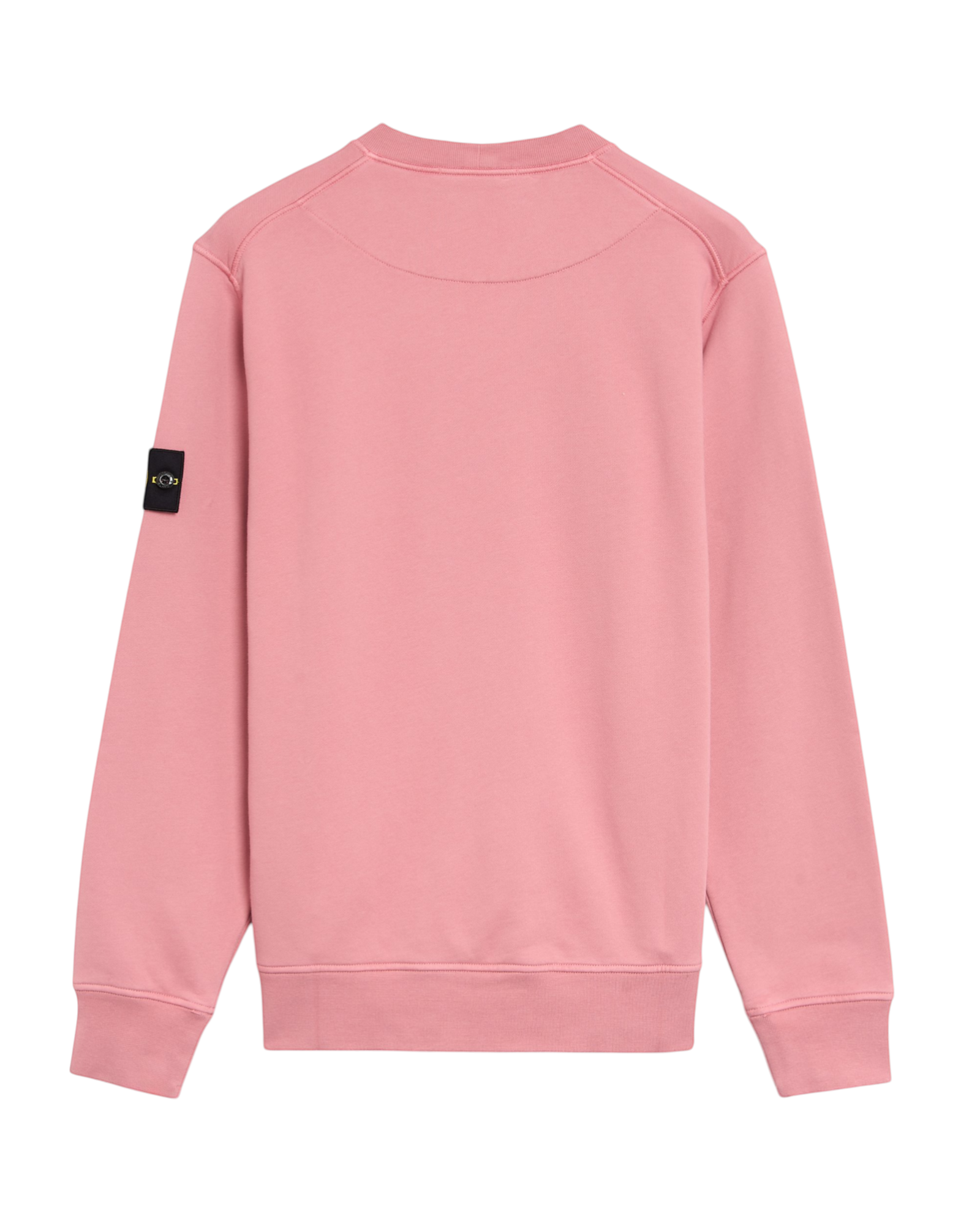 Plugmarket pink cotton crewneck sweatshirt with black logo patch on sleeve.