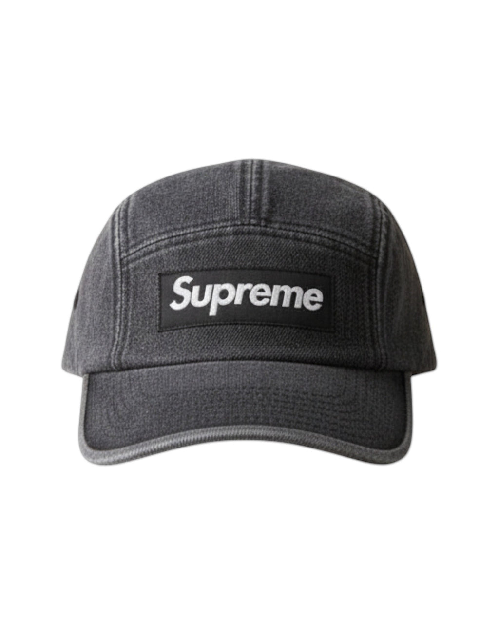 Plugmarket - Dark grey denim five-panel Supreme cap with white box logo patch. One size fits all.