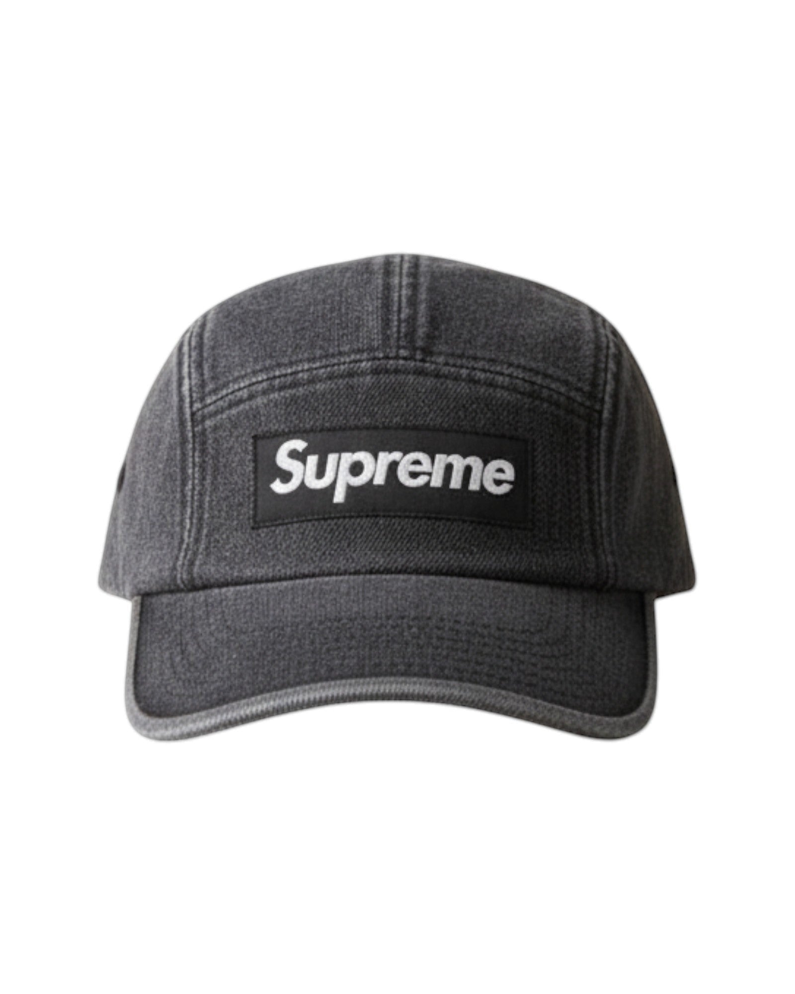 Plugmarket - Dark grey denim five-panel Supreme cap with white box logo patch. One size fits all.