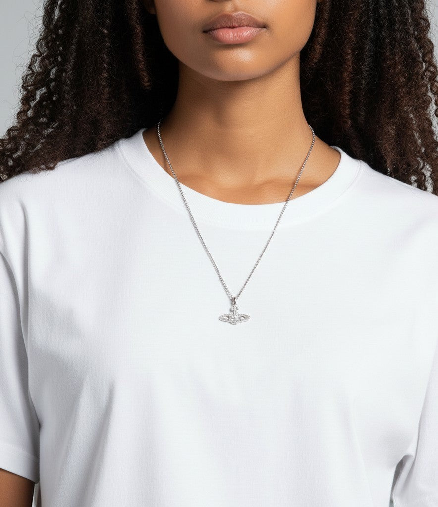 Plugmarket Vivienne Westwood silver orb Saturn pendant necklace with crystals, 40cm chain.